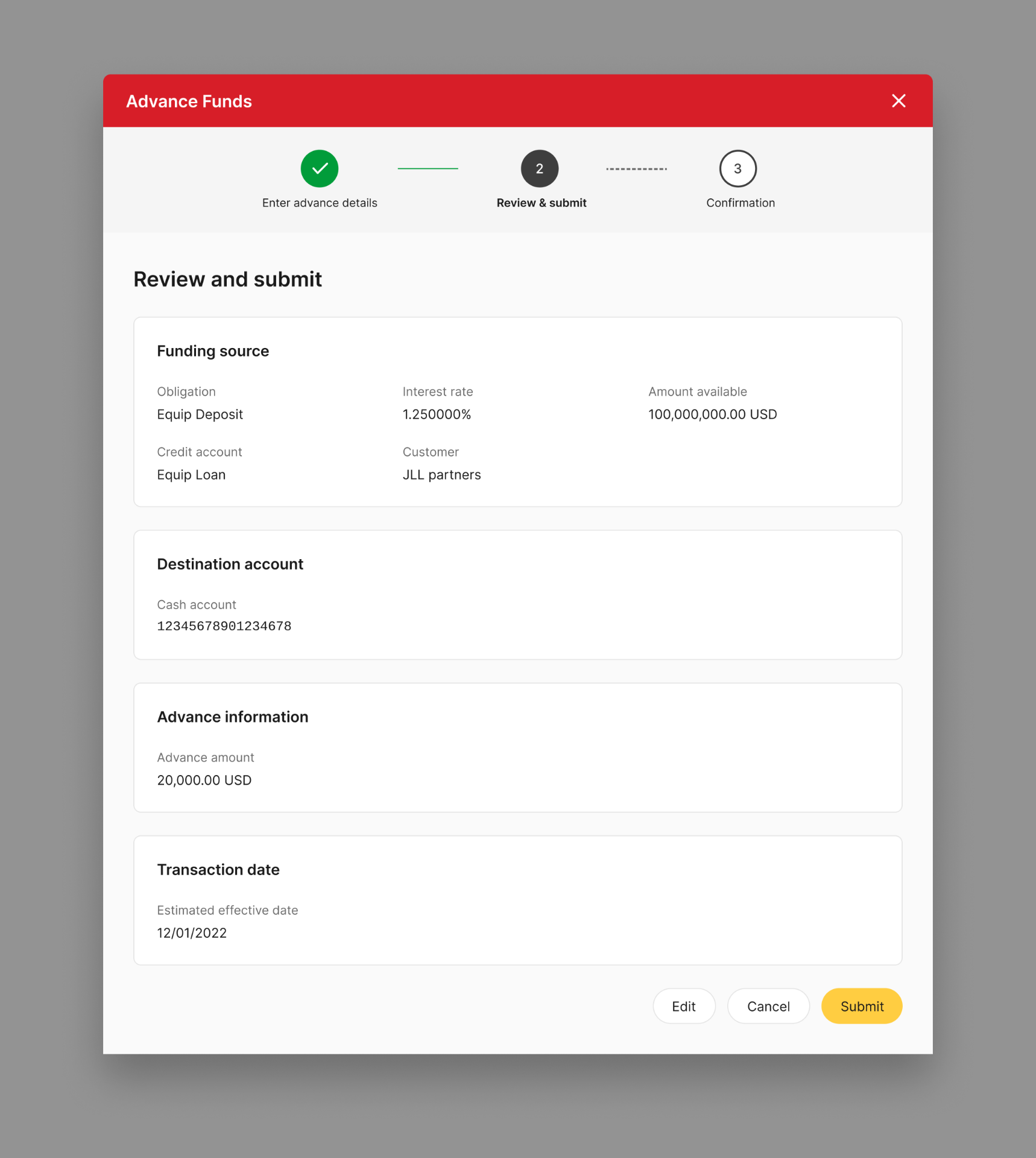 Review & Submit - Wells Fargo Lending Management screen