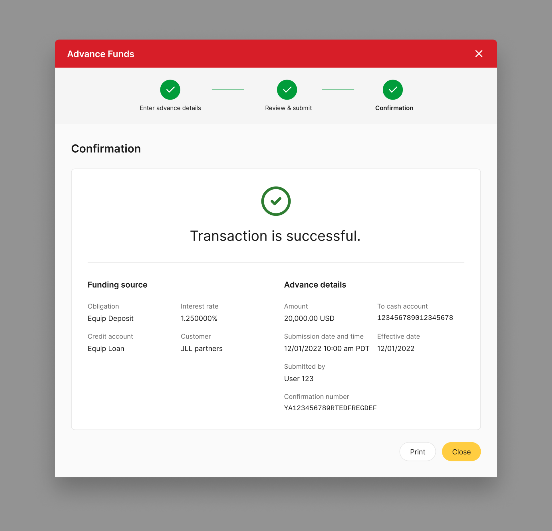 Confirmation - Wells Fargo Lending Management screen